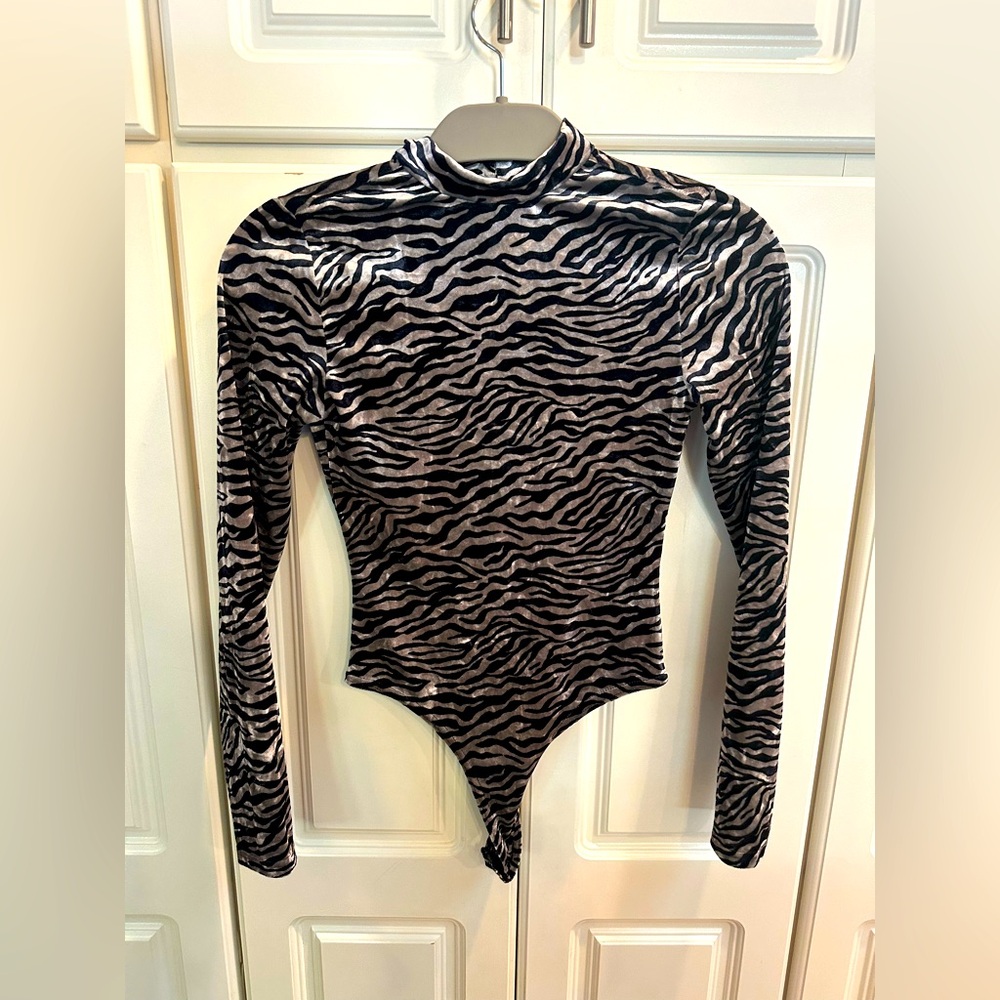 Forever 21 Zebra Print Velvet Turtleneck Bodysuit